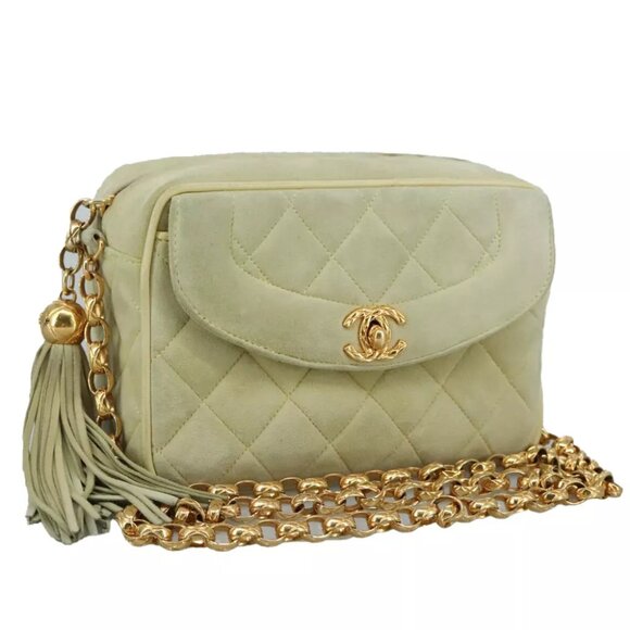 CHANEL Matelasse Chain Shoulder Bag Cotton Green Gold CC Auth PP142 - Picture 1 of 15
